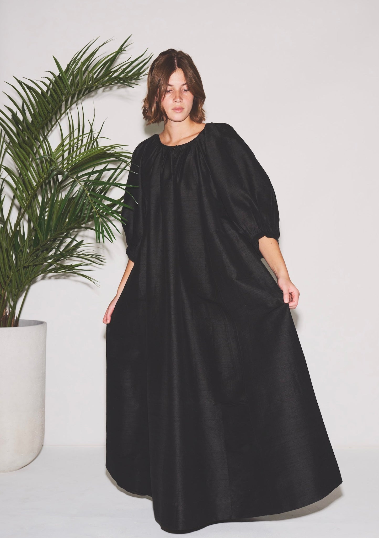 Shirred Half Placket Maxi Dress | Silk Dupioni