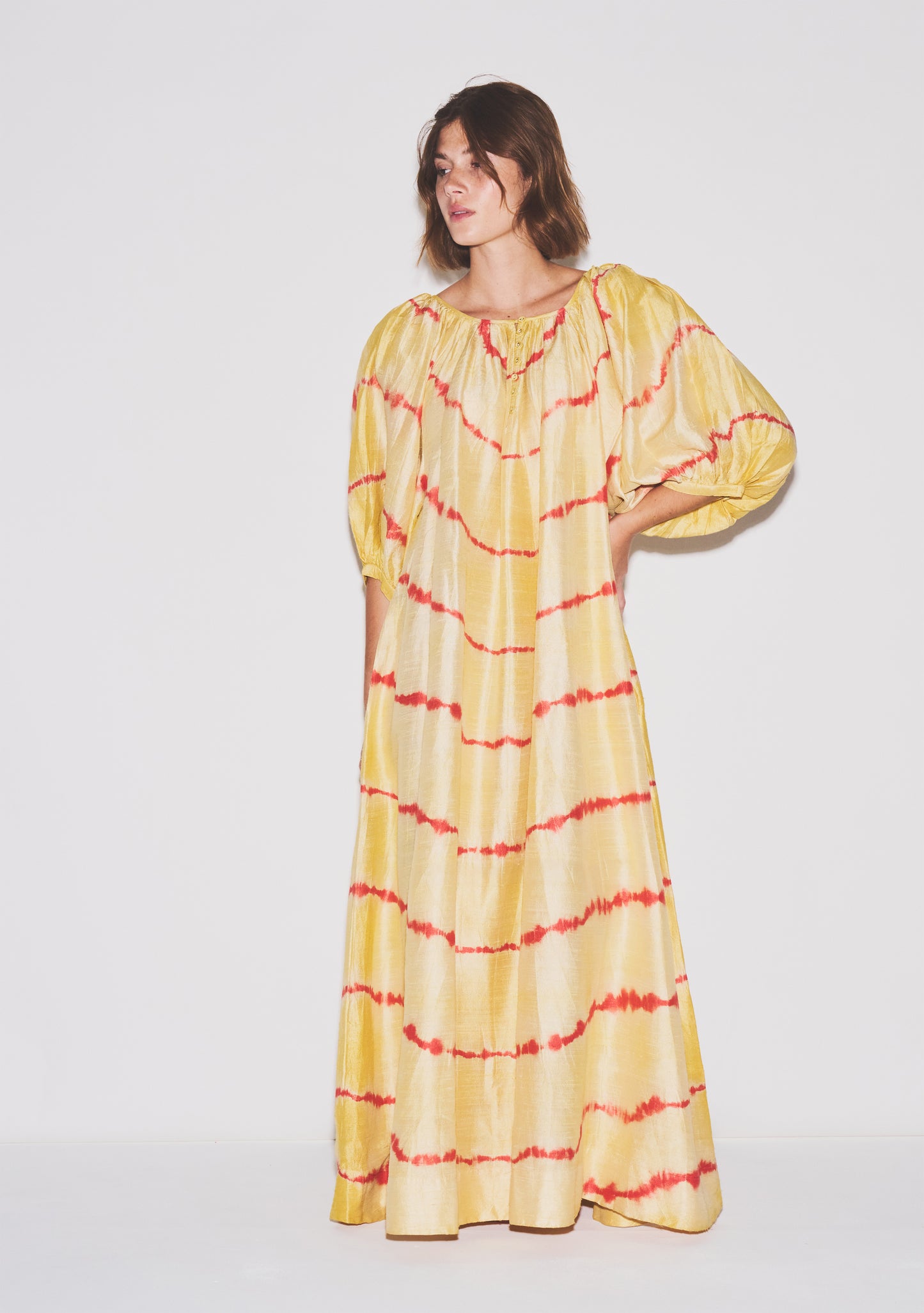 Shirred Half Placket Maxi Dress | Silk Dupioni