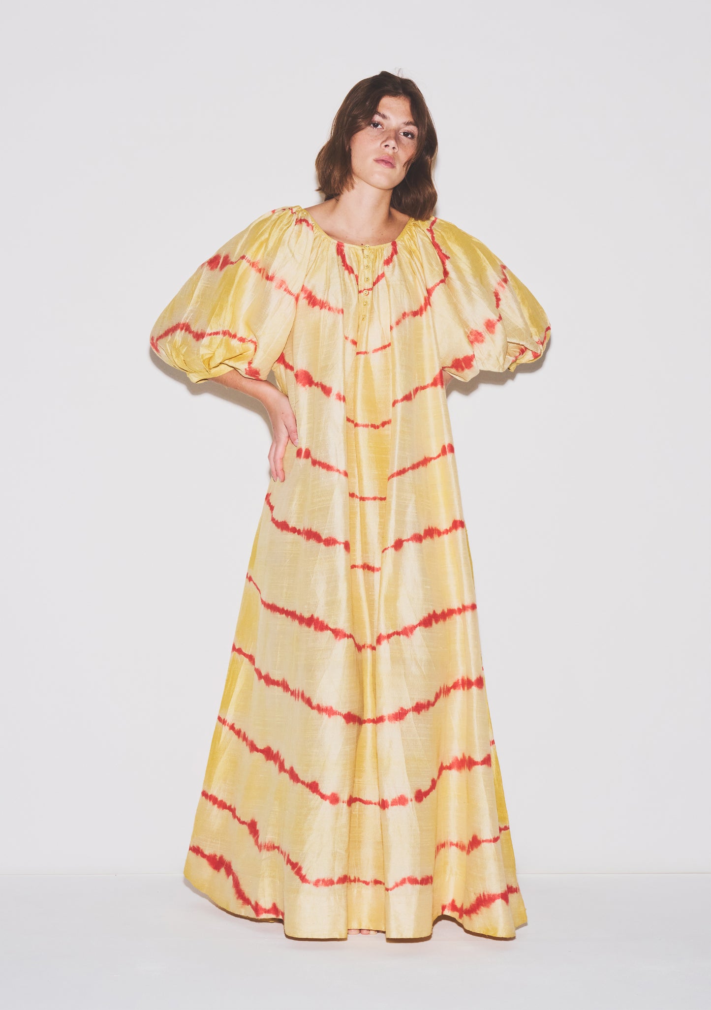Shirred Half Placket Maxi Dress | Silk Dupioni