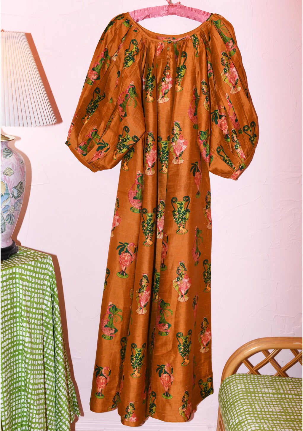 Shirred Half Placket Maxi Dress | Silk Dupioni