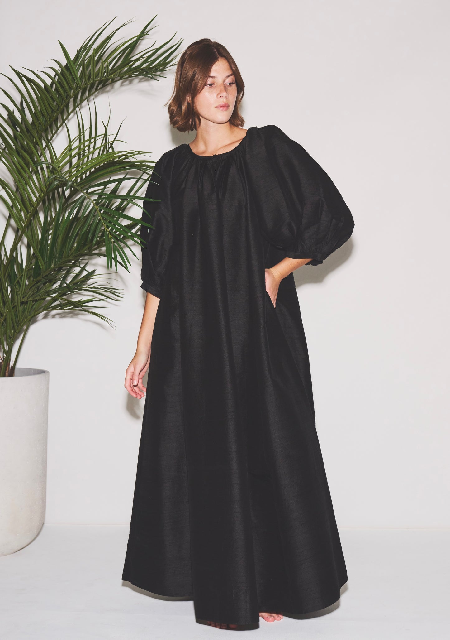 Shirred Half Placket Maxi Dress | Silk Dupioni