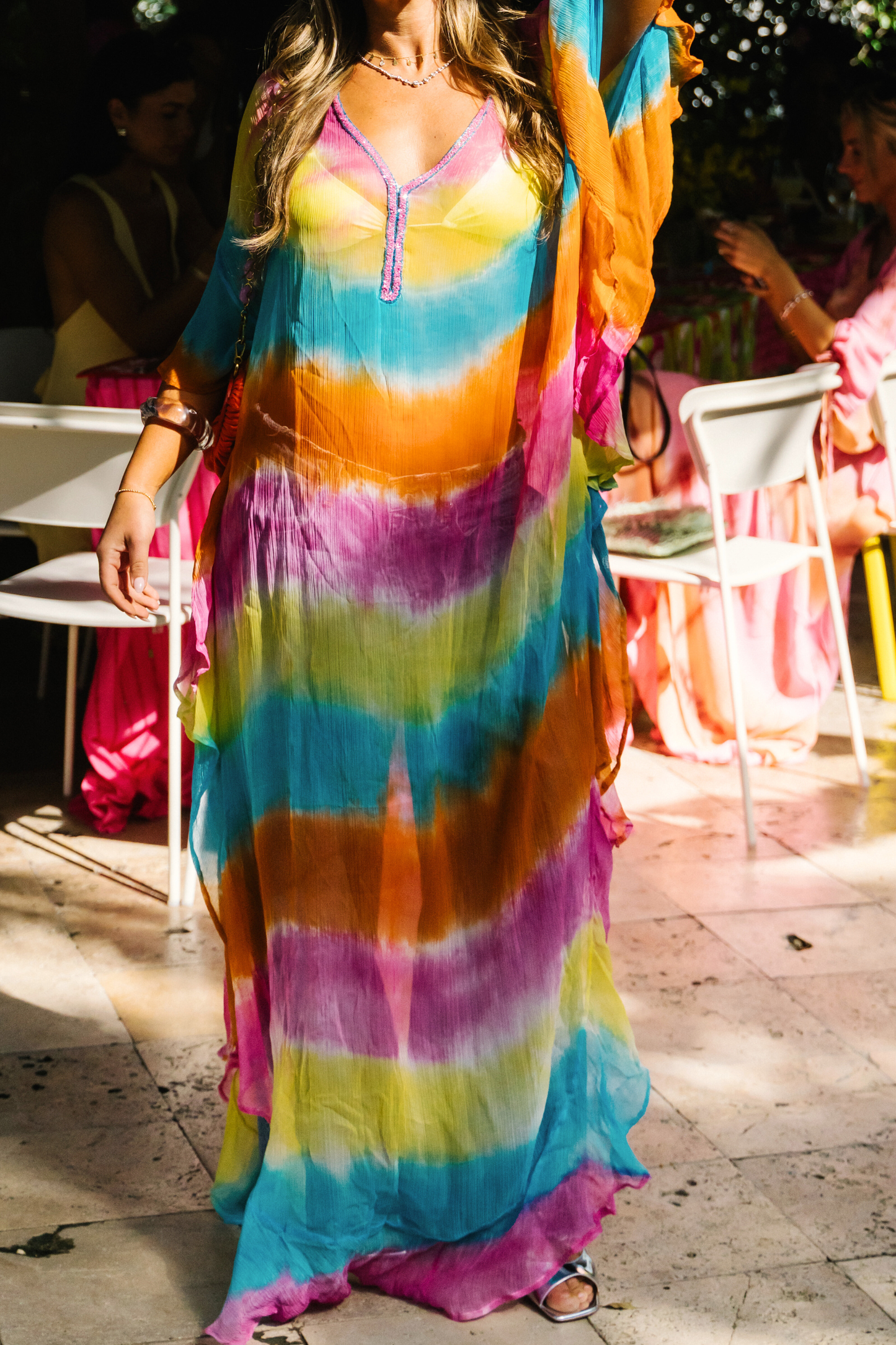 V Neck Ruffle Maxi Caftan | Viscose Chiffon