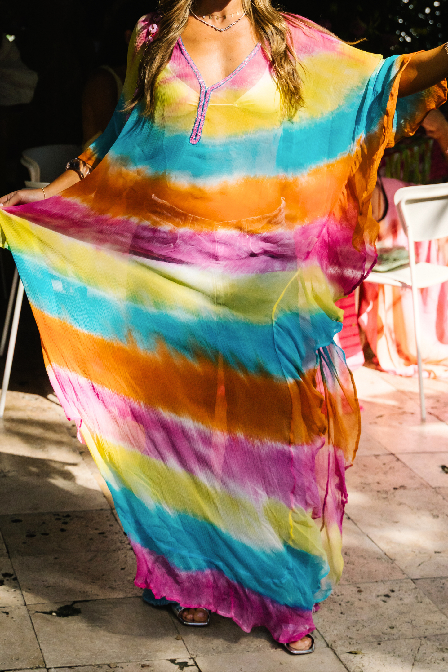 V Neck Ruffle Maxi Caftan | Viscose Chiffon