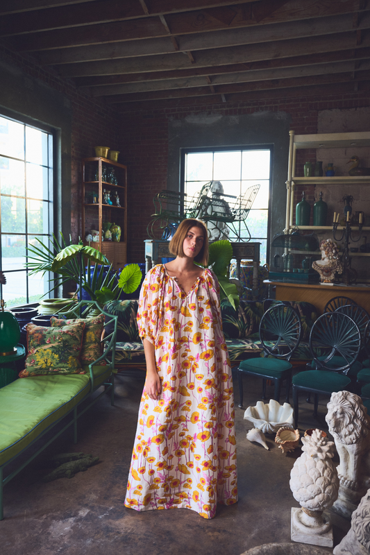 Shirred Half Placket Maxi Dress | Silk Dupioni