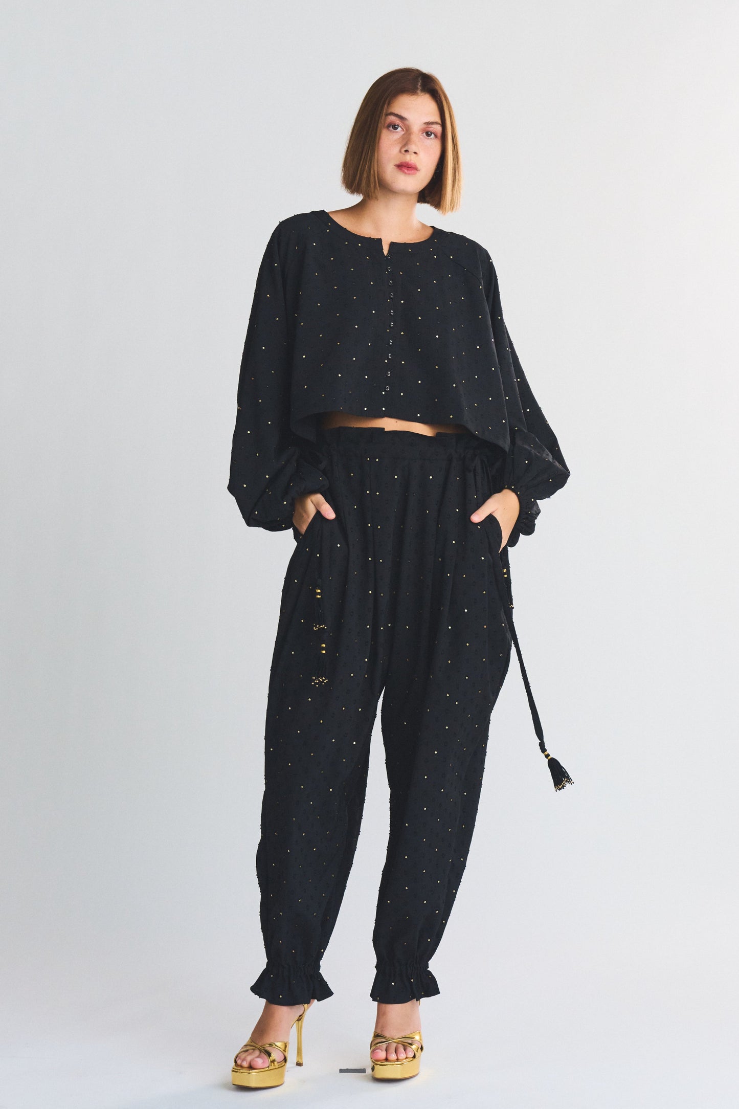 Ruffle Hem Harem Pant | Viscose Sequin