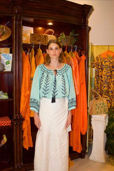 Delray Blouse | Linen Teal Hand Dye Coniglio Palm Beach