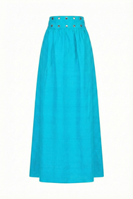Turquoise skirt with decorative snap belt on a white background