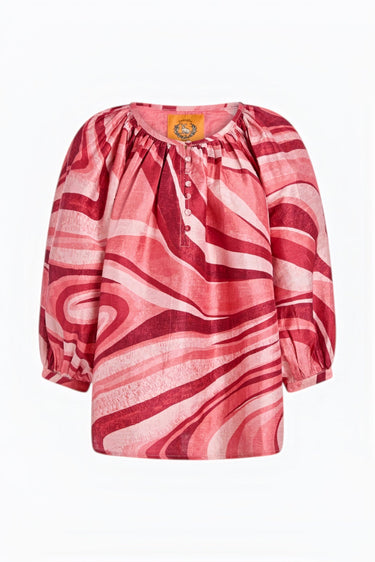 Shirred Half Placket Blouse | Silk Dupioni - SUNRAYS SUNSET WAVES Coniglio Palm Beach