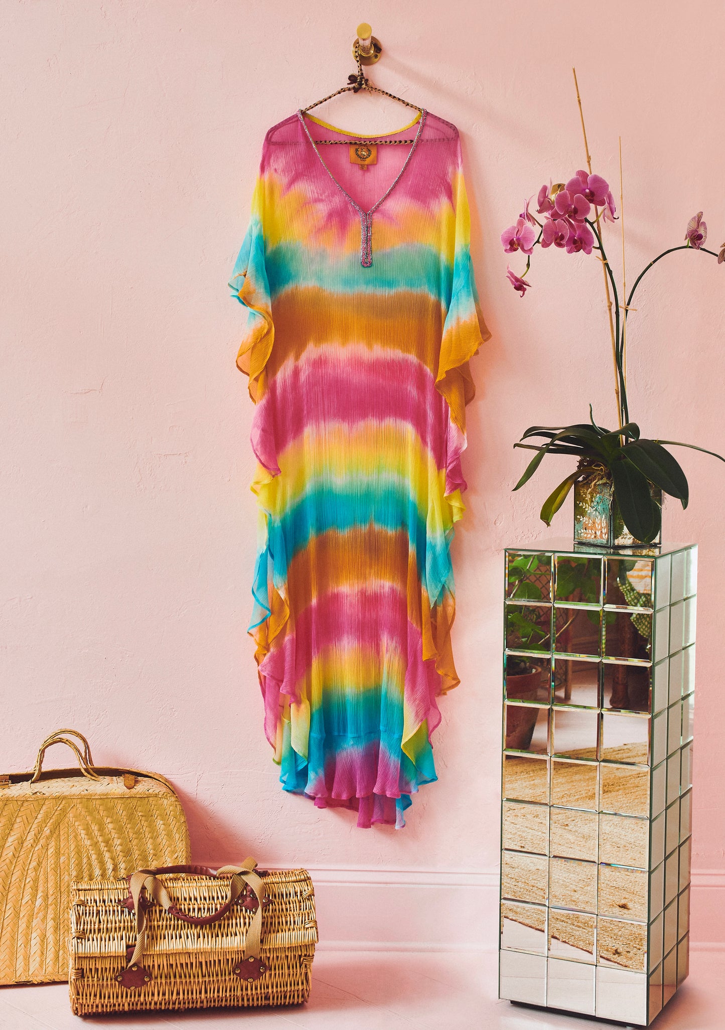 V Neck Ruffle Maxi Caftan | Viscose Chiffon