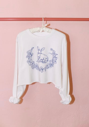 Cropped Embroidered Bunny Pullover | Cotton Terry
