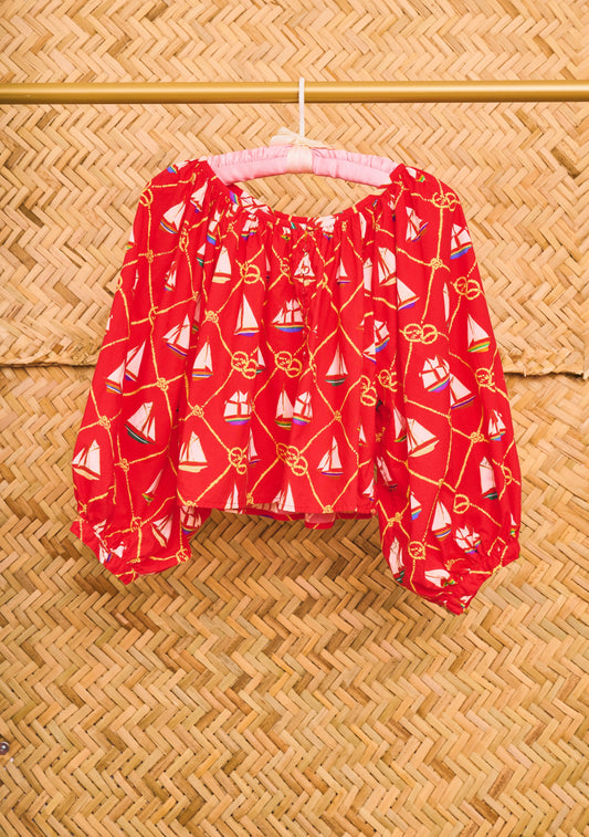 Cropped Shirred Half Placket Blouse | Cotton Poplin