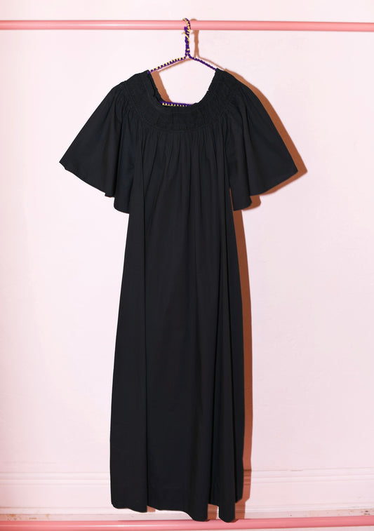 Smocked Neck Flutter Sleeve Midi Dress | Cotton Poplin