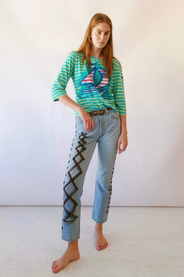 Good Tides, Great Vibes 3/4 Sleeve Tee | Vintage Mariner Stripe Airbrush
