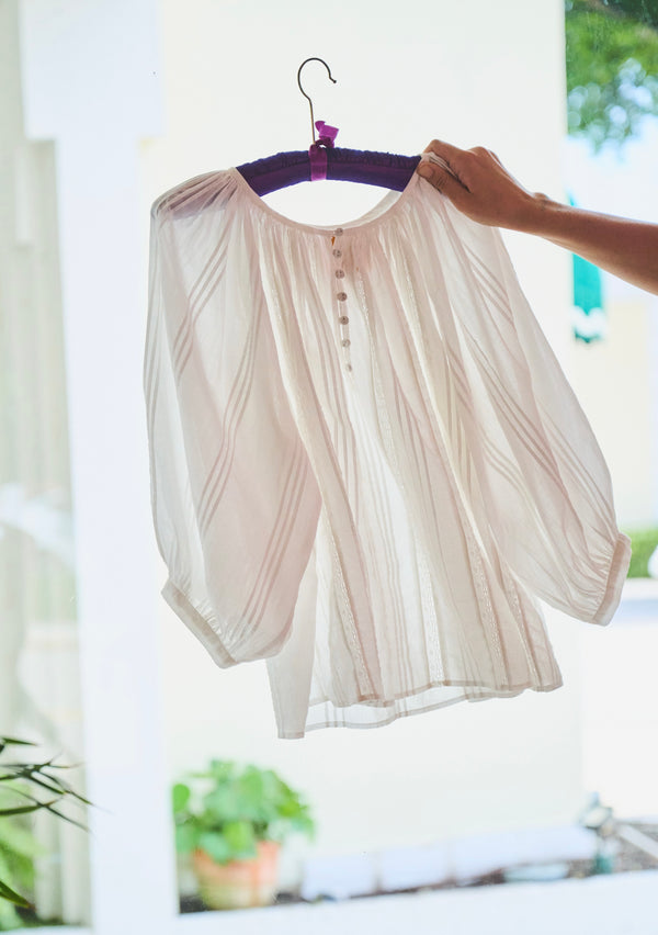 Shirred Half Placket Blouse | Pintuck Cotton with Lace