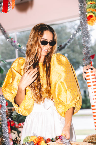 Cropped Shirred Half Placket Blouse | Brocade Coniglio Palm Beach