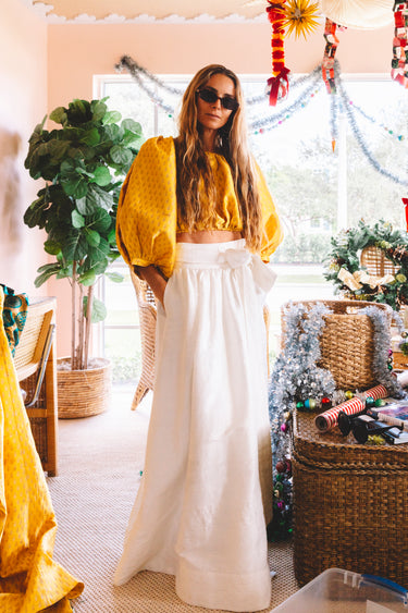 Cropped Shirred Half Placket Blouse | Brocade Coniglio Palm Beach