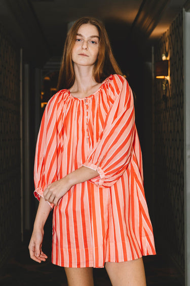 Shirred Half Placket Mini Dress | Cotton Voile