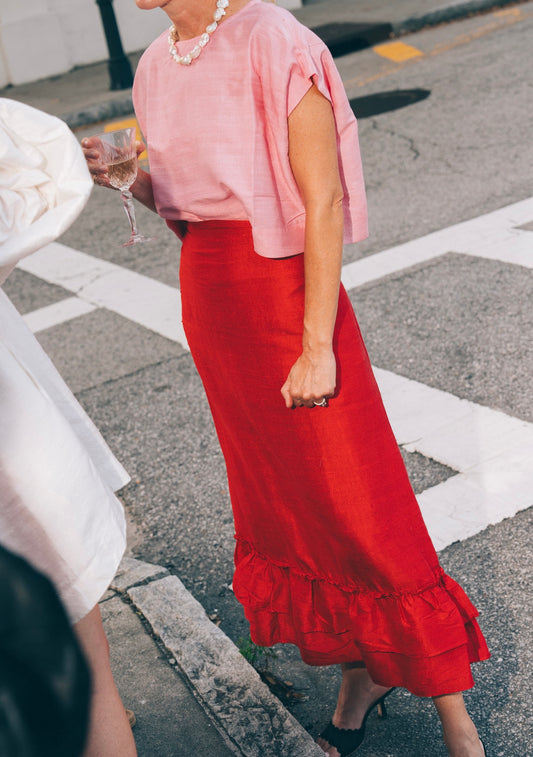 Cinch Back Midi Skirt | Silk Dupioni