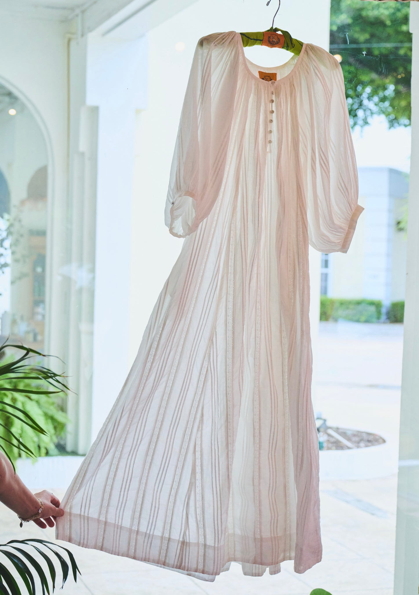 Shirred Half Placket Maxi Dress | Pintuck Cotton with Lace