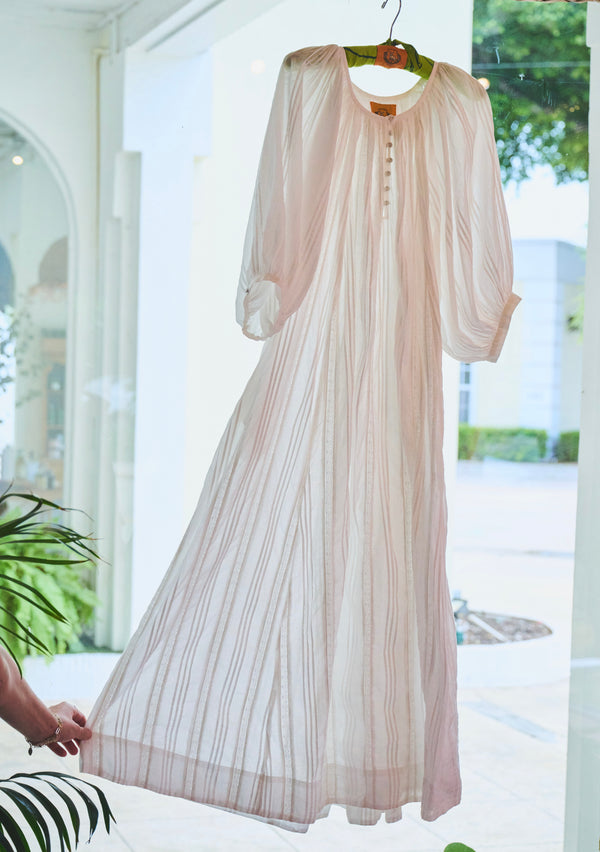 Shirred Half Placket Maxi Dress | Pintuck Cotton with Lace