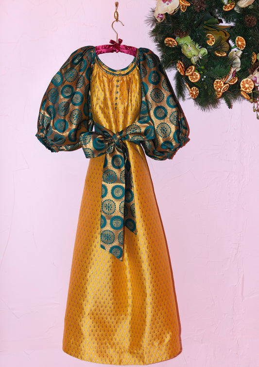 Shirred Half Placket Maxi Dress | Mixed Print Brocade