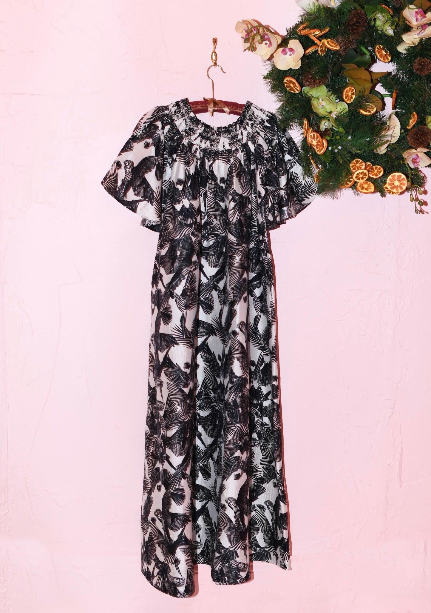Smocked Neck Flutter Sleeve Maxi Dress | Silk Dupioni