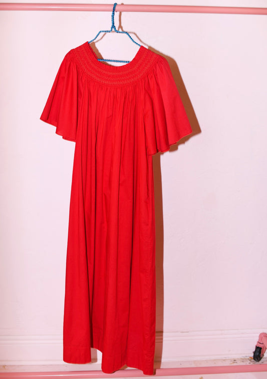 Smocked Neck Flutter Sleeve Midi Dress | Cotton Poplin