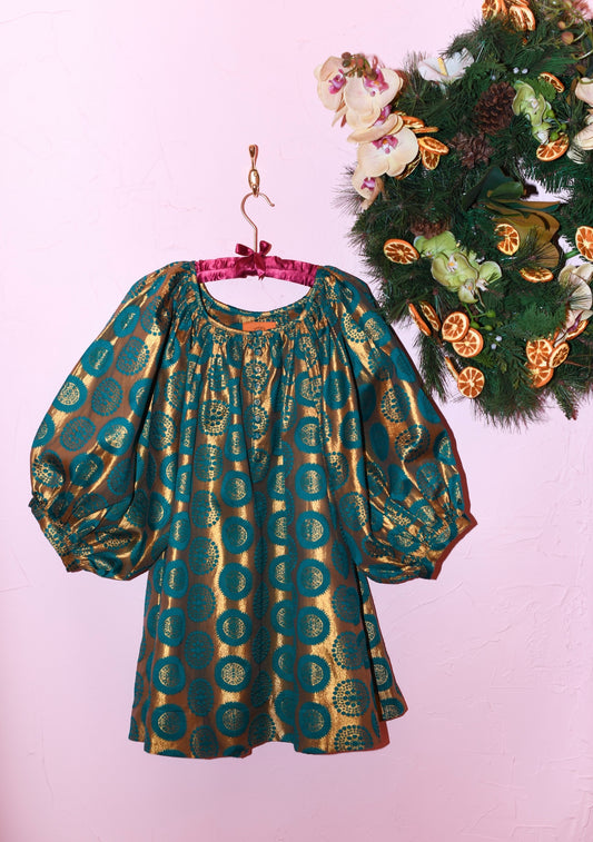 Shirred Half Placket Mini Dress | Brocade