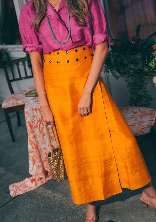 Flagpole Snap Midi Skirt | Silk Dupioni