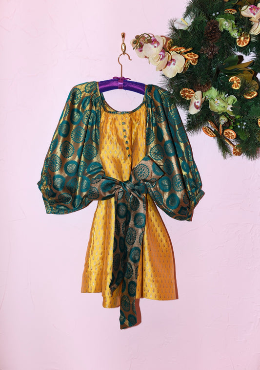 Shirred Half Placket Mini Dress | Mixed Brocade