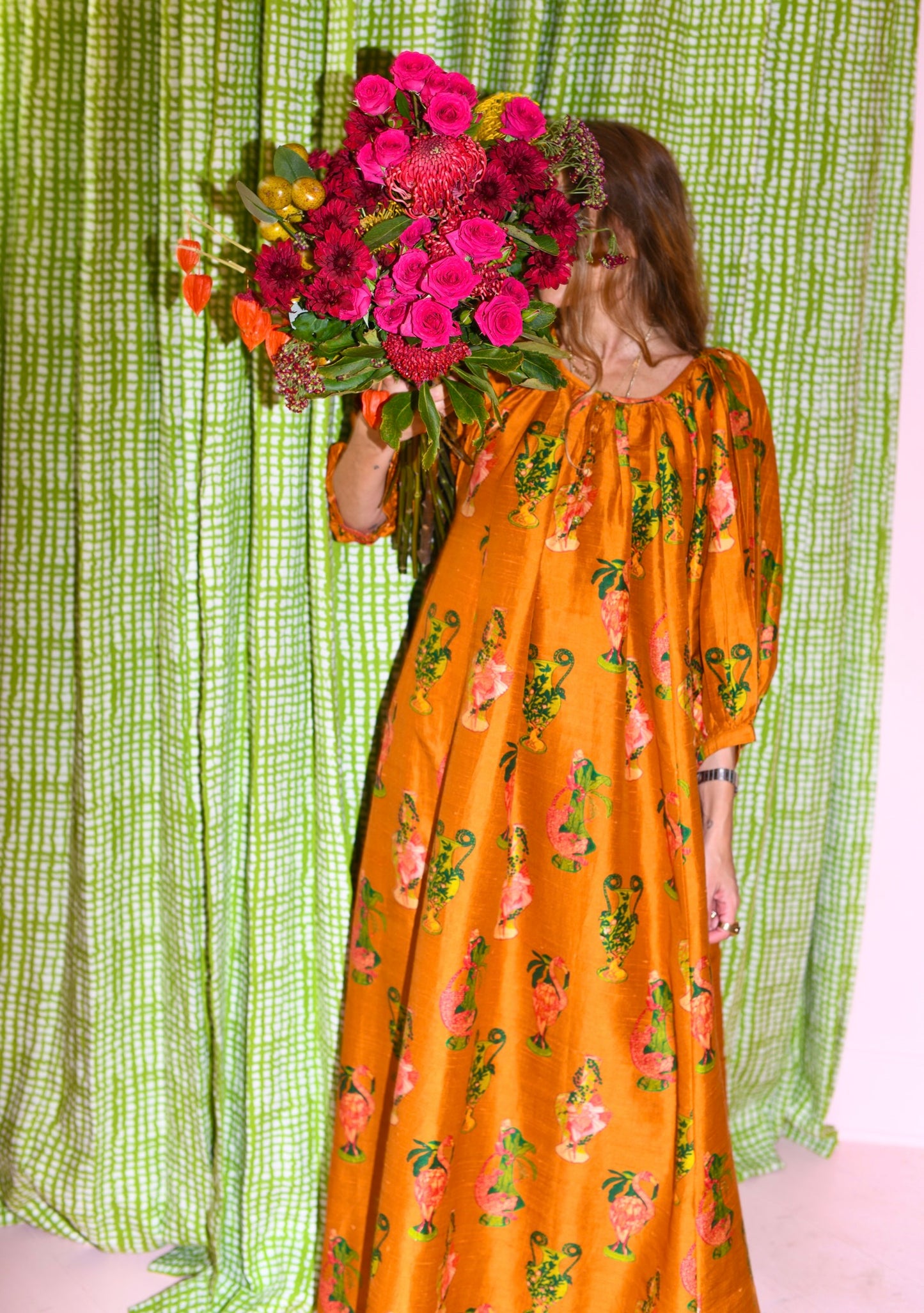 Shirred Half Placket Maxi Dress | Silk Dupioni