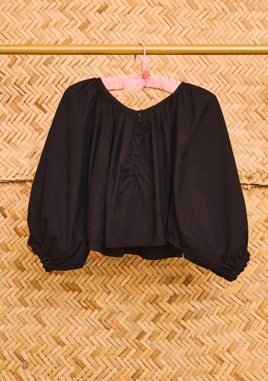 Cropped Shirred Half Placket Blouse | Cotton Poplin
