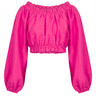 Pink cropped top with balloon sleeves on a white background