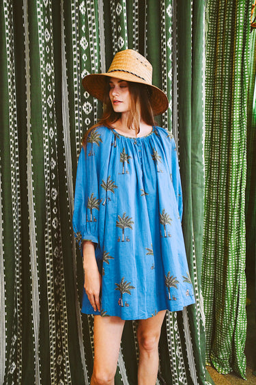 Shirred Half Placket Mini Dress | Cotton Gauze