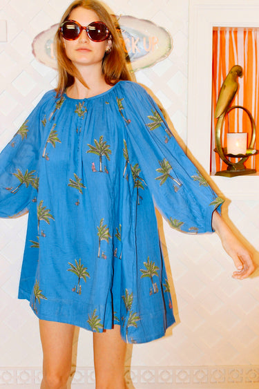 Shirred Half Placket Mini Dress | Cotton Gauze