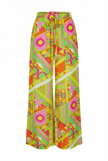 Colorful geometric patterned pants on a white background