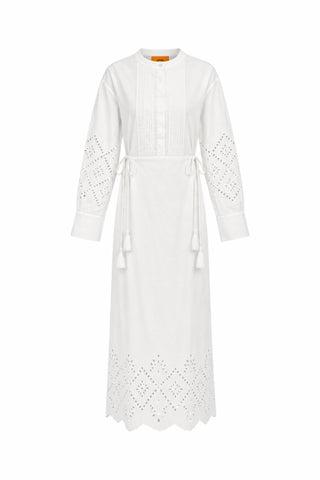 A white long-sleeve midi dress with eyelet embroidery, a buttoned front, and a self-tie belt, shown on a plain white background.