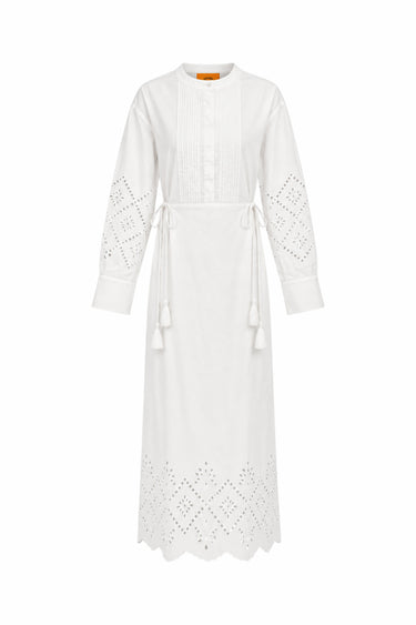 A white long-sleeve midi dress with eyelet embroidery, a buttoned front, and a self-tie belt, shown on a plain white background.