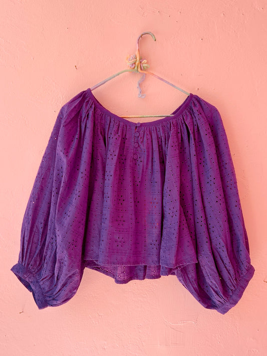 Cropped Shirred Half Placket Blouse | Eyelet